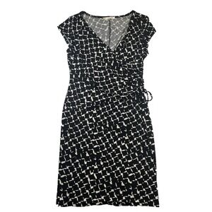 Evan-Picone Dress Women's Black White Draped Faux Wrap Cap Sleeve Ruched 16